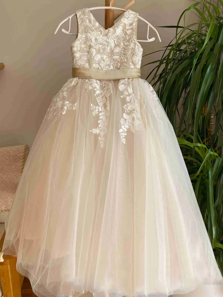 Bridal Sash Ribbon - Elegante bloemenmeisjesjurk voor bruiloft mouwloze kanten